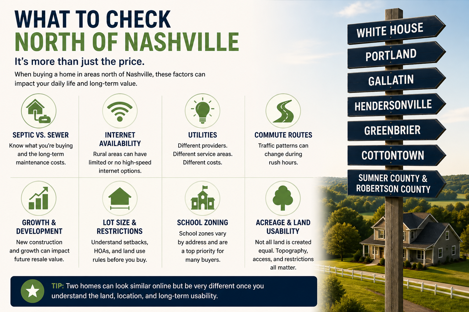 Checklist of items buyers should evaluate north of Nashville — septic, internet, commute, utilities, and more