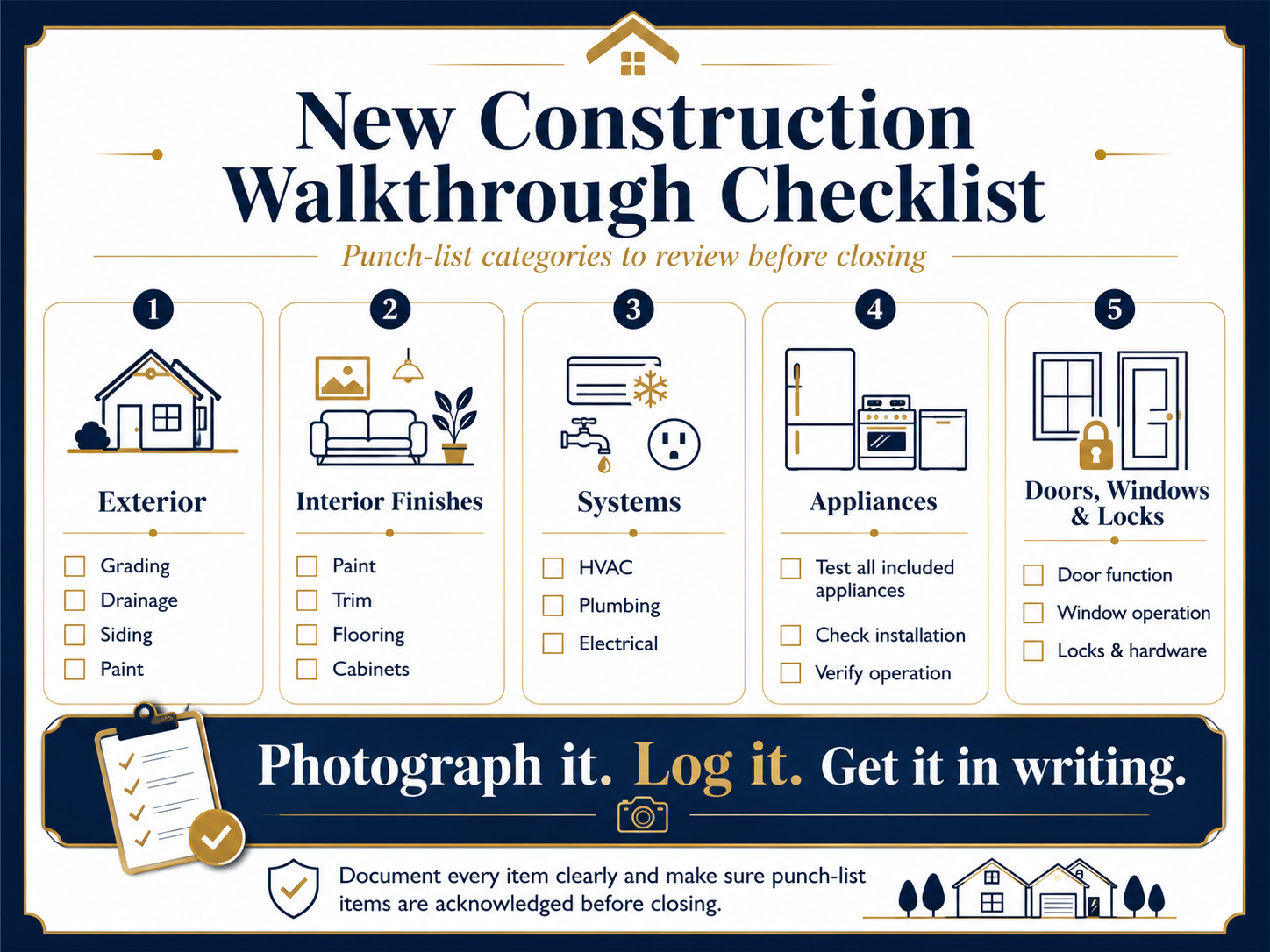 Final walkthrough punch-list categories for new construction — exterior, interior finishes, systems, appliances, and doors/windows/locks — with documentation reminders