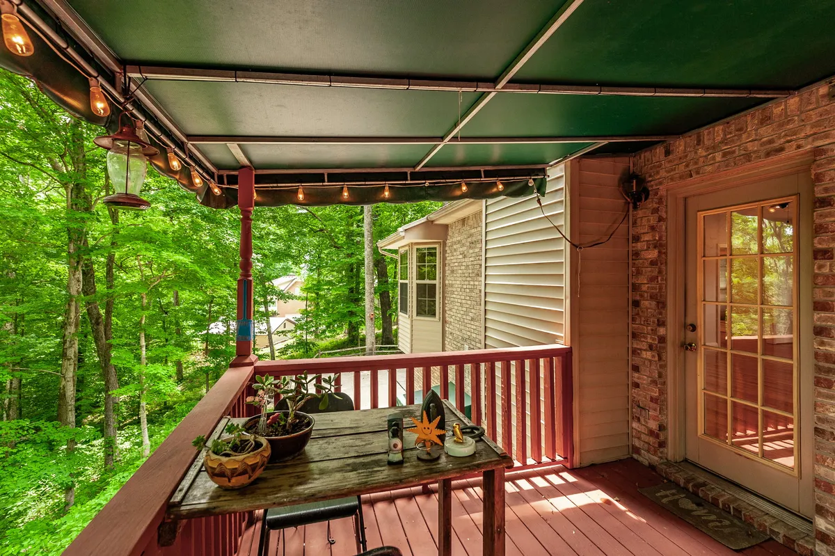 Covered back deck overlooking a private wooded backdrop at 6513 N Mount Pleasant Rd